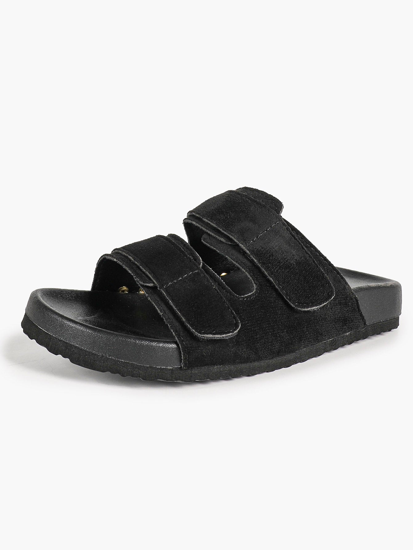 Black Suede Double-Strap Velcro Slide Sandals with Cushioned Footbed