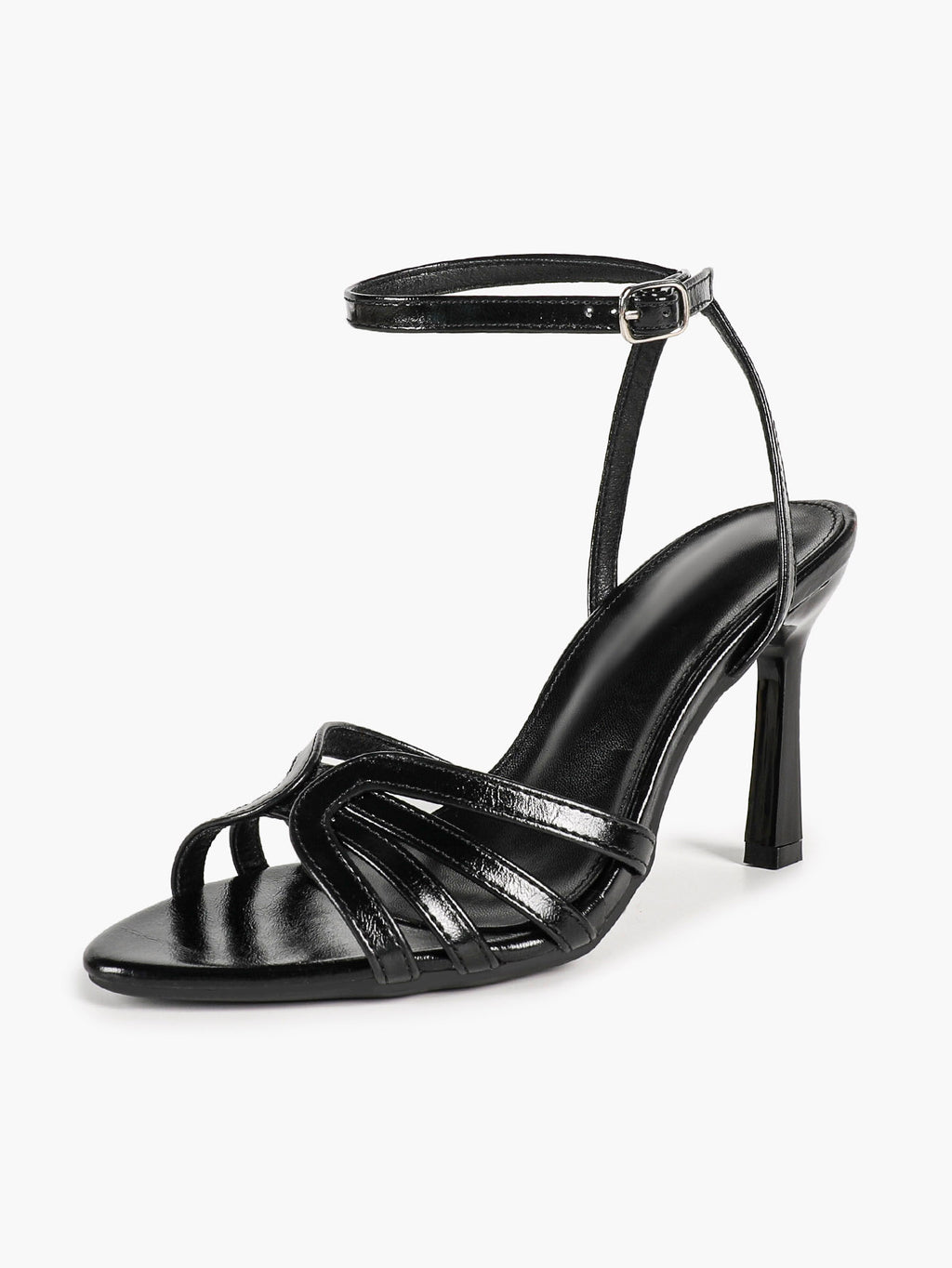 Black Glossy Strappy Open Toe Ankle Strap Sandals Knotted Multi-Band Detail Block Heels