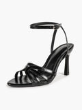 Black Glossy Strappy Open Toe Ankle Strap Sandals Knotted Multi-Band Detail Block Heels