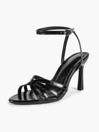 Black Glossy Strappy Open Toe Ankle Strap Sandals Knotted Multi-Band Detail Block Heels