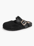 Black Suede Mary Jane Mule with Gold-Tone Buckle and Cushioned Sole