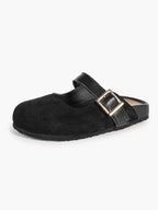 Black Suede Mary Jane Mule with Gold-Tone Buckle and Cushioned Sole