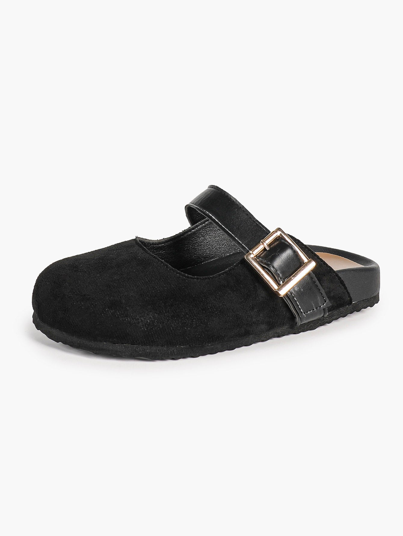 Black Suede Mary Jane Mule with Gold-Tone Buckle and Cushioned Sole