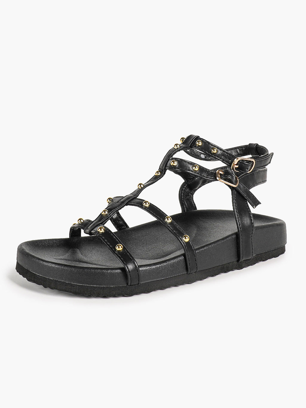 Black Strappy Gladiator Sandals with Secure Dual Buckle Fit and Soft Footbed