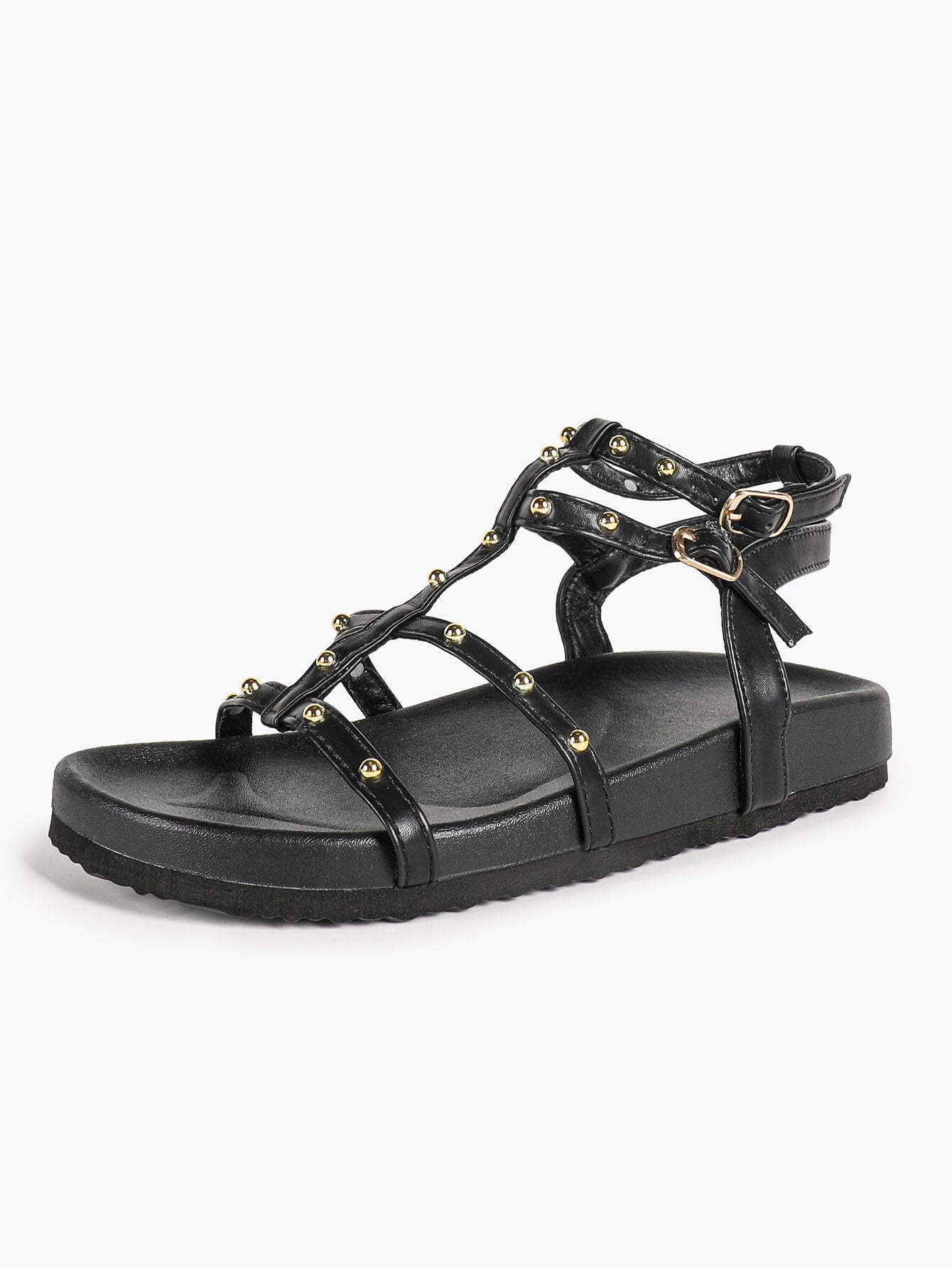Black Strappy Gladiator Sandals with Secure Dual Buckle Fit and Soft Footbed