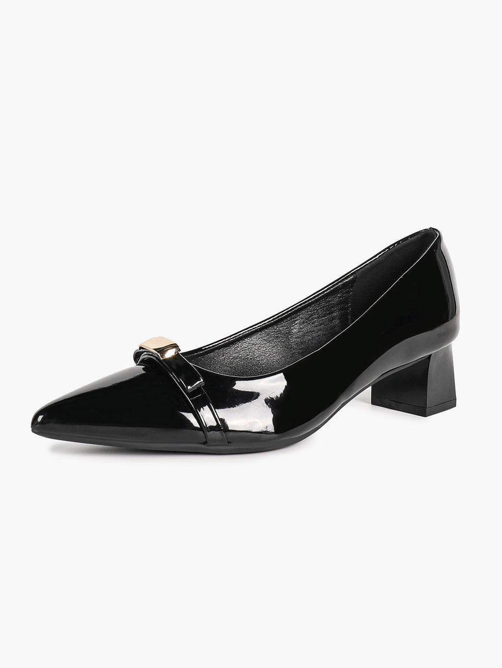 Black Patent Pointed-Toe Heels with Gold-Tone Metal Accent and Block Heel