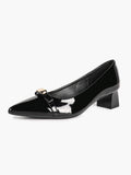 Black Patent Pointed-Toe Heels with Gold-Tone Metal Accent and Block Heel