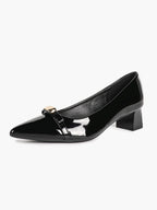 Black Patent Pointed-Toe Heels with Gold-Tone Metal Accent and Block Heel