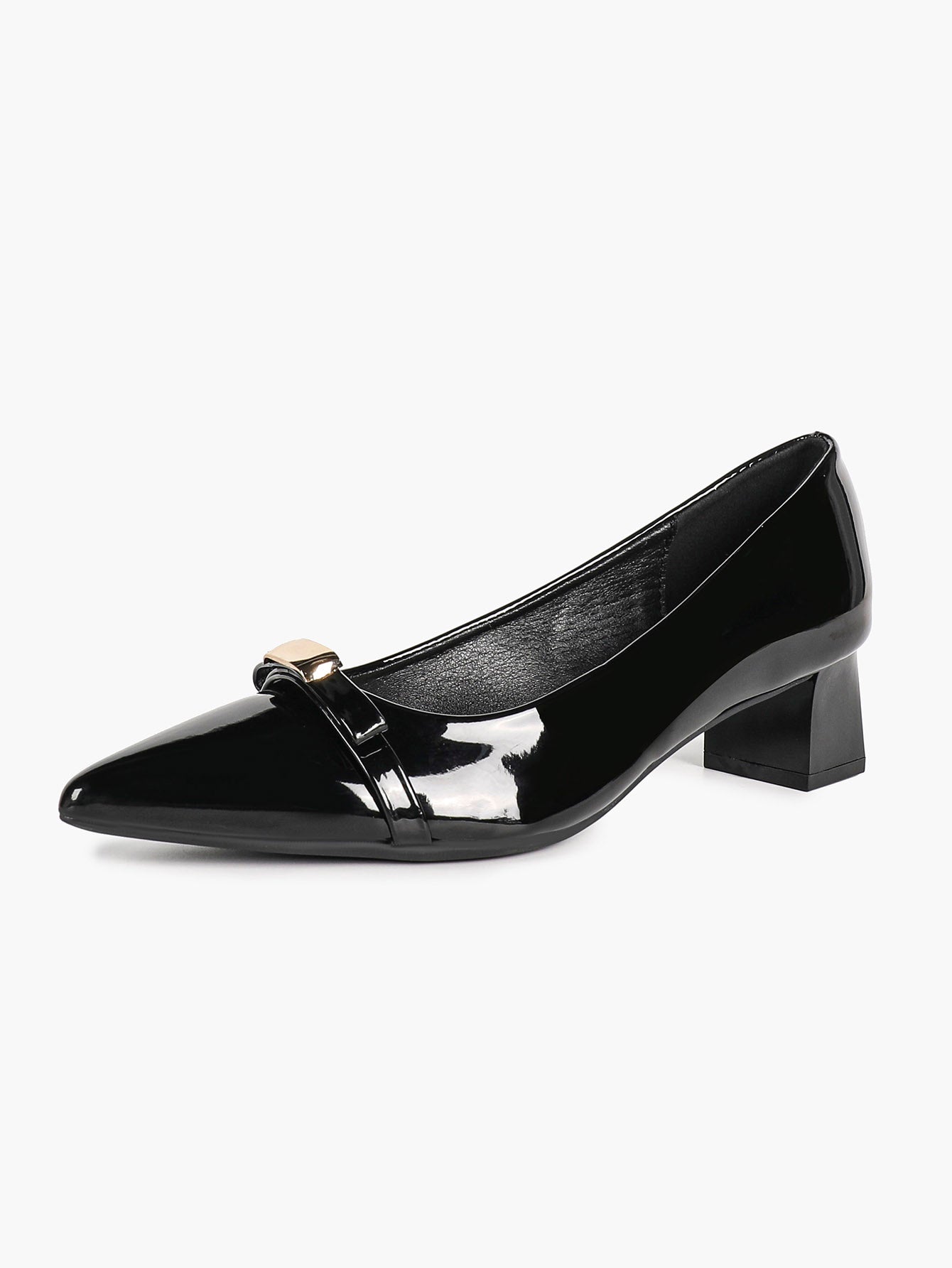 Black Patent Pointed-Toe Heels with Gold-Tone Metal Accent and Block Heel