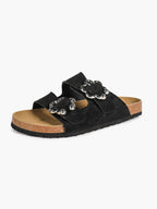 Black Suede Double-Buckle Slides with Silver-Tone Floral Hardware