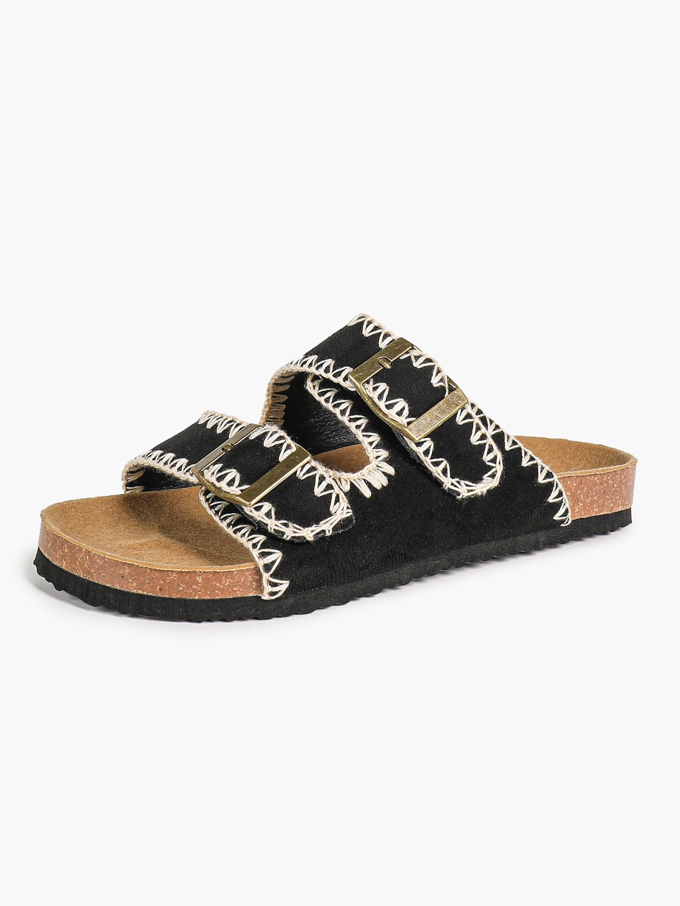 Taupe Suede Slides with Contrast Whipstitch Trim and Gold-Tone Buckles