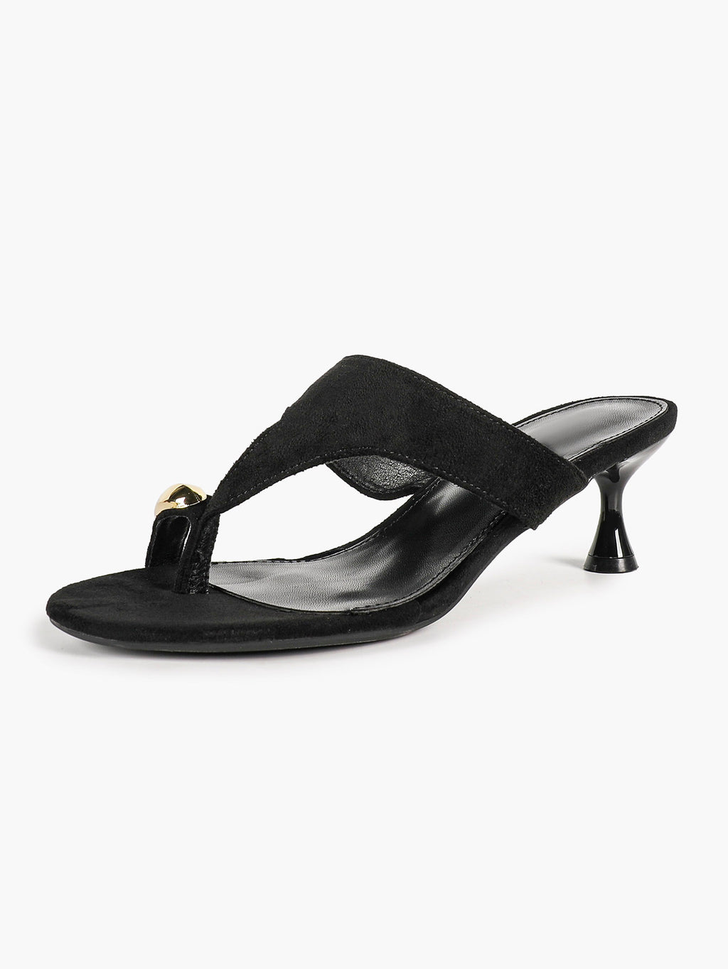 Black Suede T-Strap Thong Mule Sandals Gold Oval Metal Detail Kitten Heels Slip-On Soft Insole