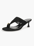 Black Suede T-Strap Thong Mule Sandals Gold Oval Metal Detail Kitten Heels Slip-On Soft Insole