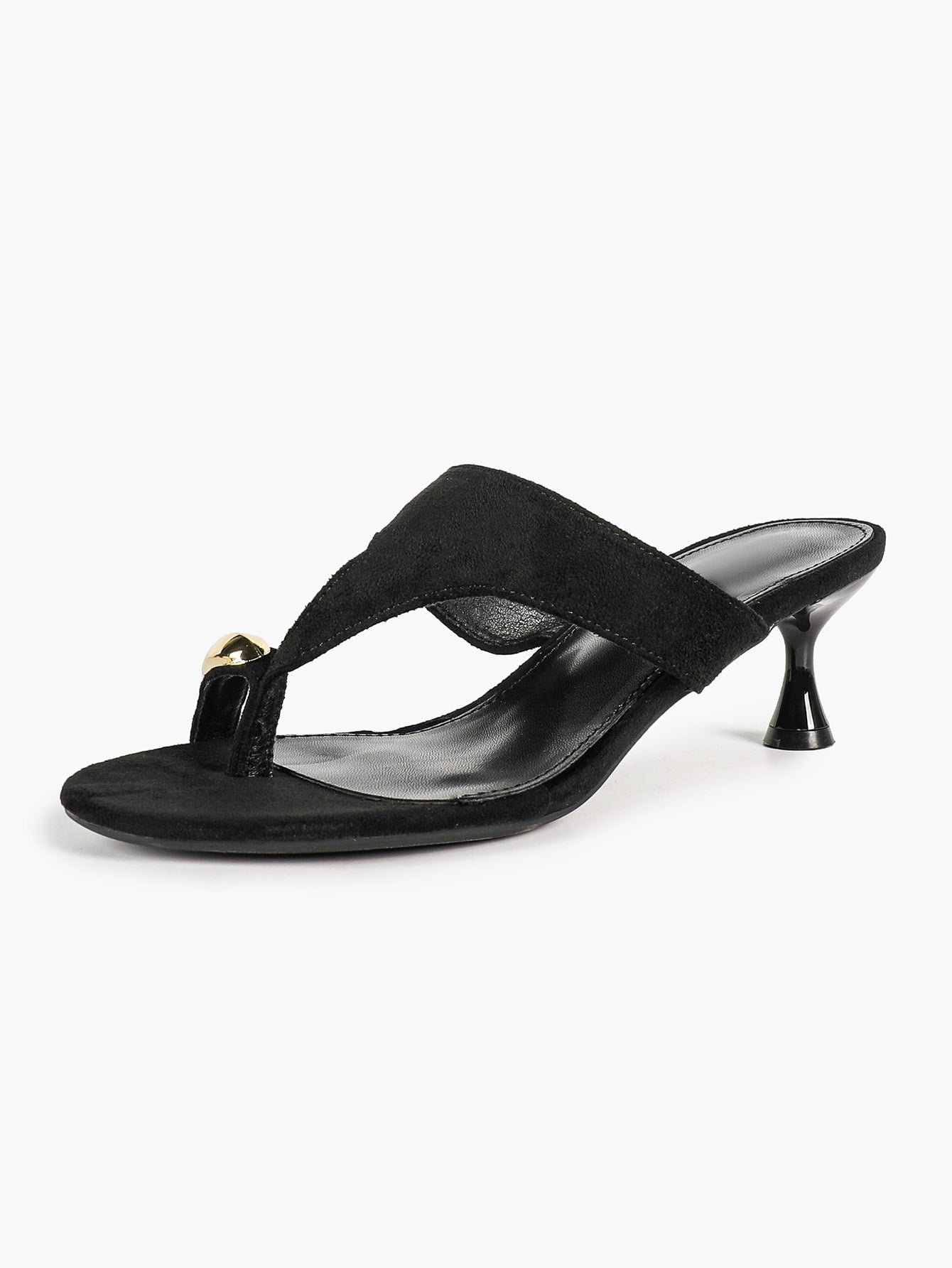 Black Suede T-Strap Thong Mule Sandals Gold Oval Metal Detail Kitten Heels Slip-On Soft Insole