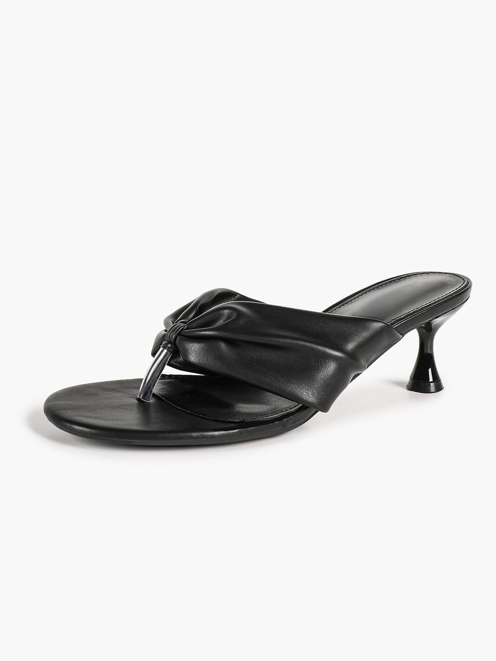 Black Faux Leather Ruched Twist Thong Mule Sandals Kitten Heels Slip-On with Soft Insole