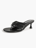 Black Faux Leather Ruched Twist Thong Mule Sandals Kitten Heels Slip-On with Soft Insole