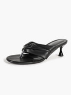 Black Faux Leather Ruched Twist Thong Mule Sandals Kitten Heels Slip-On with Soft Insole