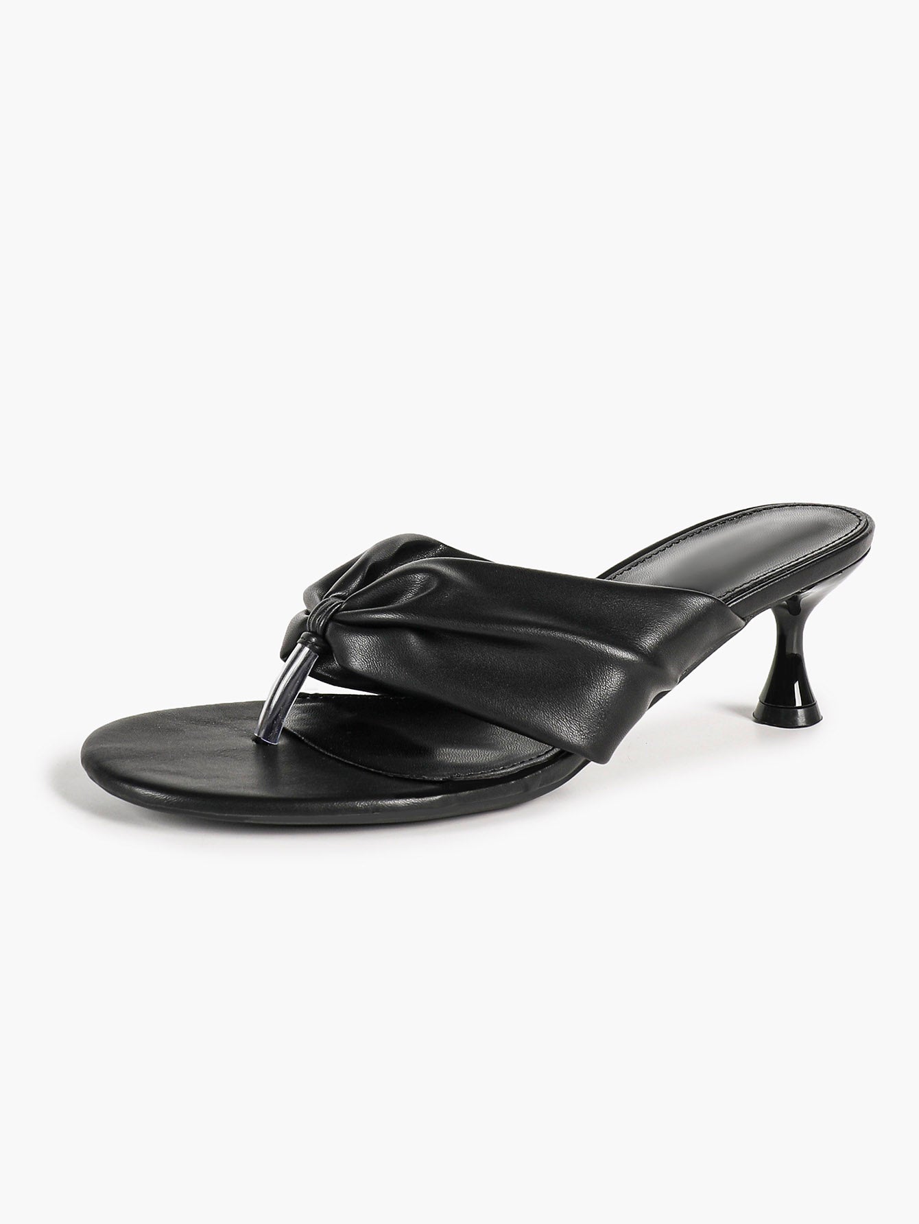 Black Faux Leather Ruched Twist Thong Mule Sandals Kitten Heels Slip-On with Soft Insole