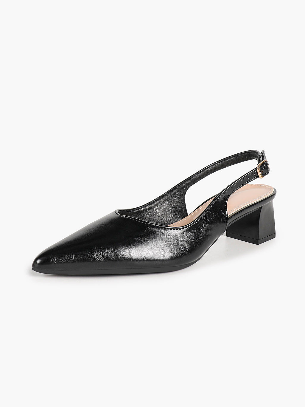 Black Patent Pointed-Toe Slingback Heels with Low Block Heel