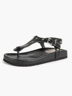 Black Leather T-Strap Sandals with Silver Stud Details and Ankle Buckle