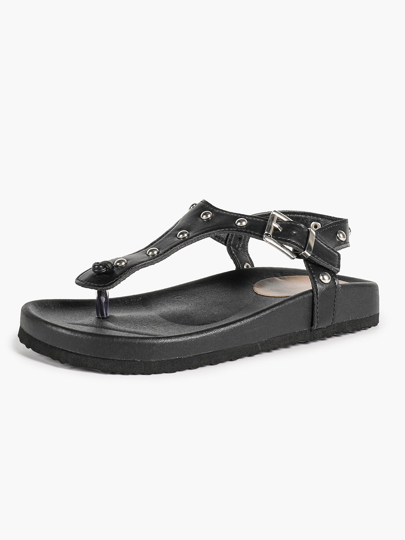 Black Leather T-Strap Sandals with Silver Stud Details and Ankle Buckle