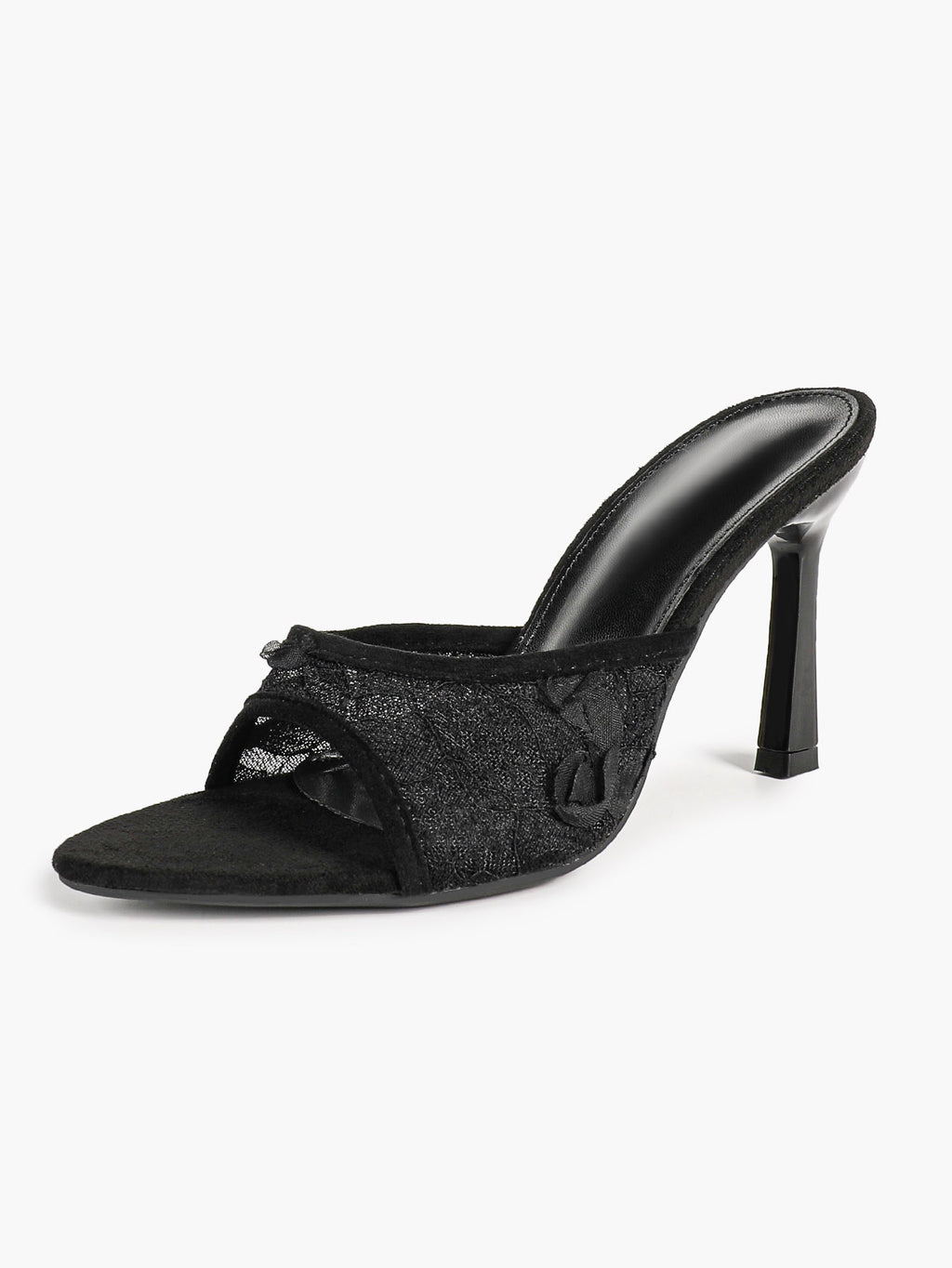 Pink Lace Embroidered Pointed Toe Mule Heels Slip-On Wide Strap Block Heels with Soft Insole