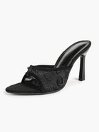 Pink Lace Embroidered Pointed Toe Mule Heels Slip-On Wide Strap Block Heels with Soft Insole