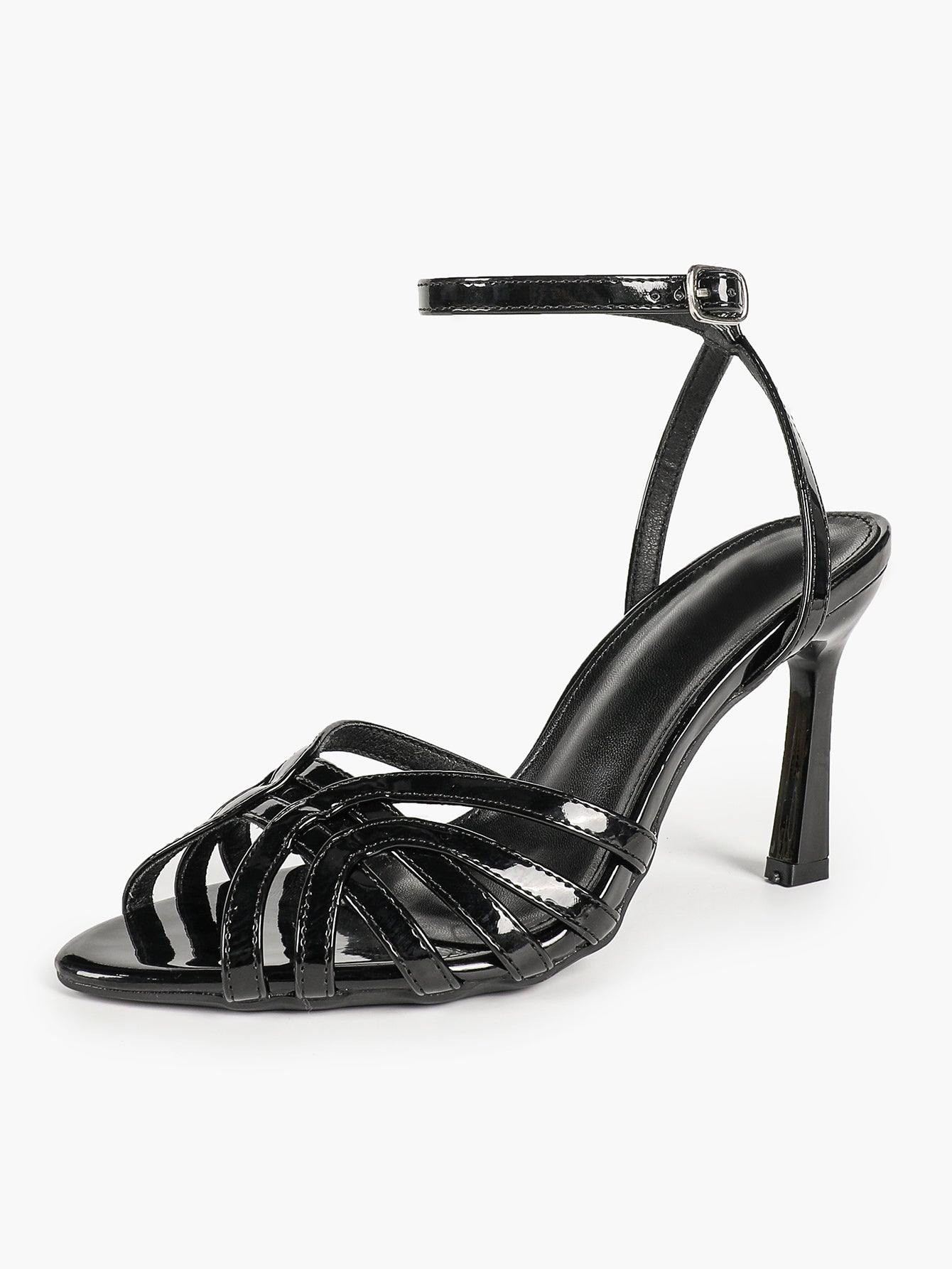 Urban Lattice: Black Patent Cage-Strap Stilettos for the Modern Power Woman