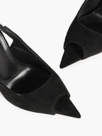 Women's Black Suede Pointed Peep-Toe Slingback Stilettos High Heels with Soft Insole