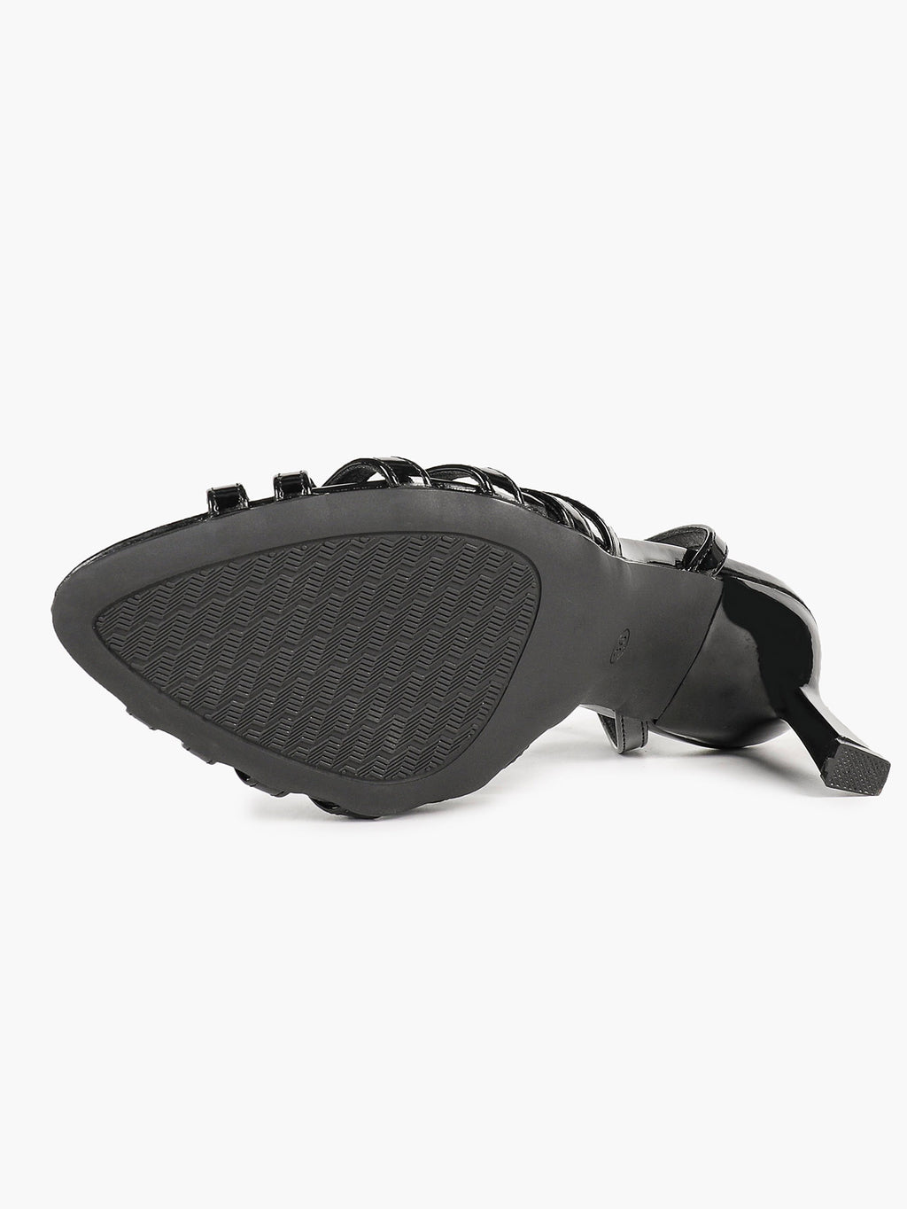 Urban Lattice: Black Patent Cage-Strap Stilettos for the Modern Power Woman