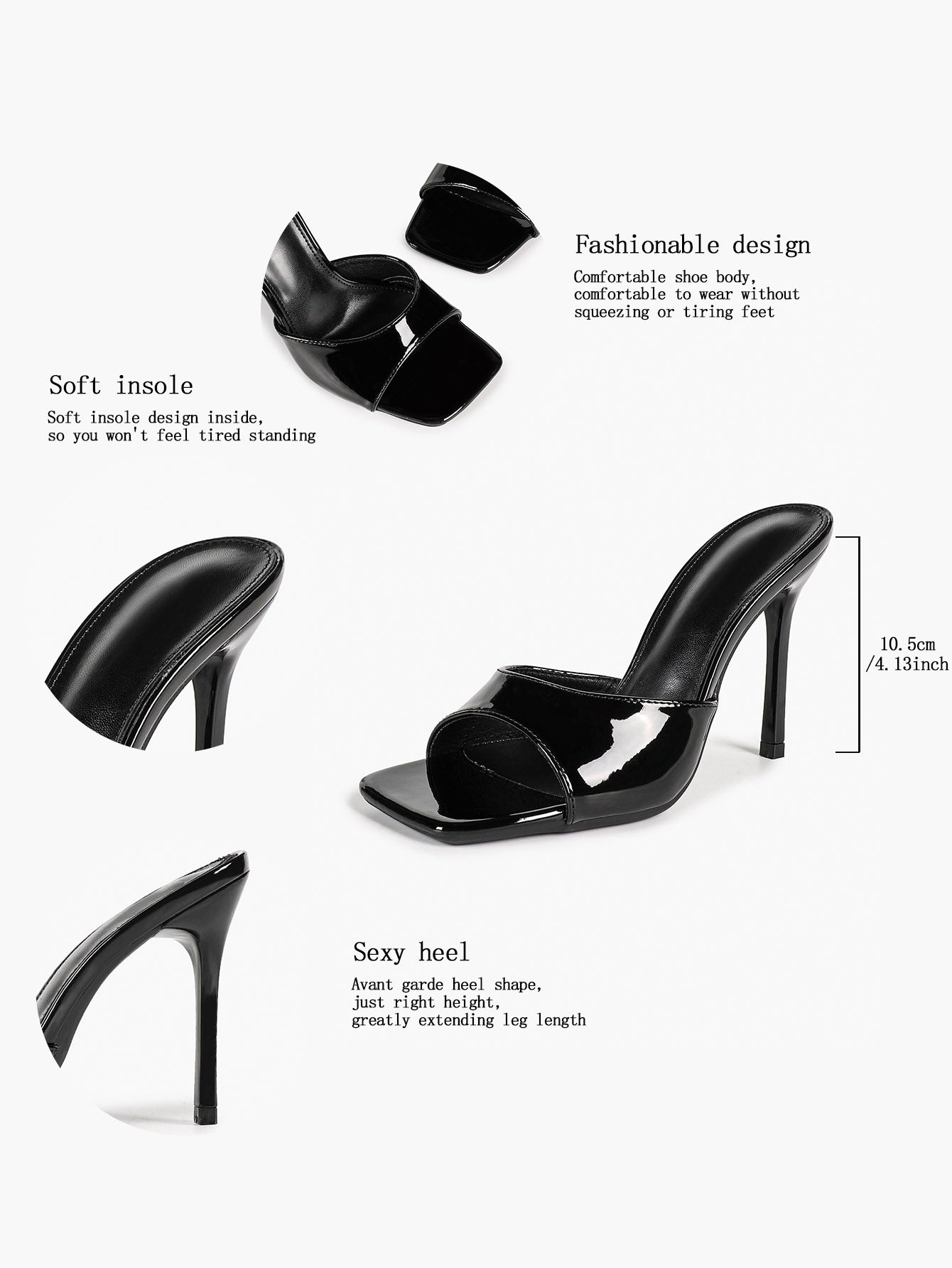 White Patent Leather Square Toe Single-Band Mule Heels Slip-On Stilettos with Soft Insole