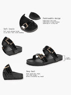 Black Patent Croc-Embossed Double Buckle Slide Sandals