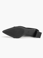 Black Patent Pointed-Toe Heels with Gold-Tone Metal Accent and Block Heel