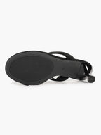 Black Suede T-Strap Thong Mule Sandals Gold Oval Metal Detail Kitten Heels Slip-On Soft Insole