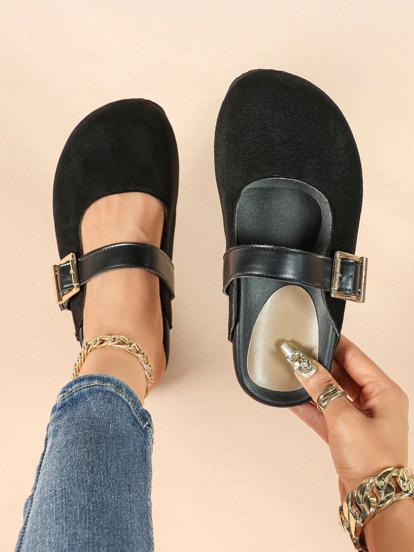 Black Suede Mary Jane Mule with Gold-Tone Buckle and Cushioned Sole