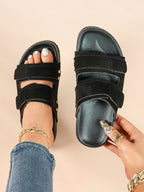 Black Suede Double-Strap Velcro Slide Sandals with Cushioned Footbed