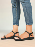 Black Leather Flat Sandals with Gold Coin Detail and Ankle Strap Summer Vacation