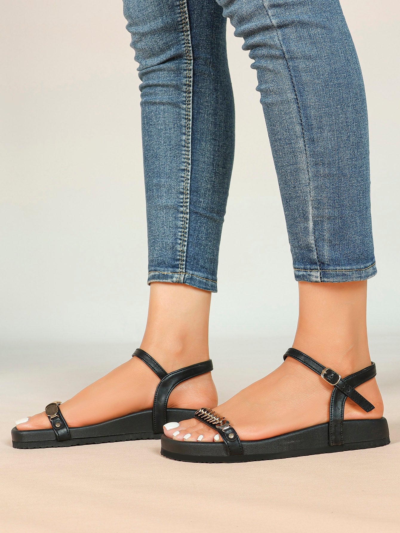 Black Leather Flat Sandals with Gold Coin Detail and Ankle Strap Summer Vacation
