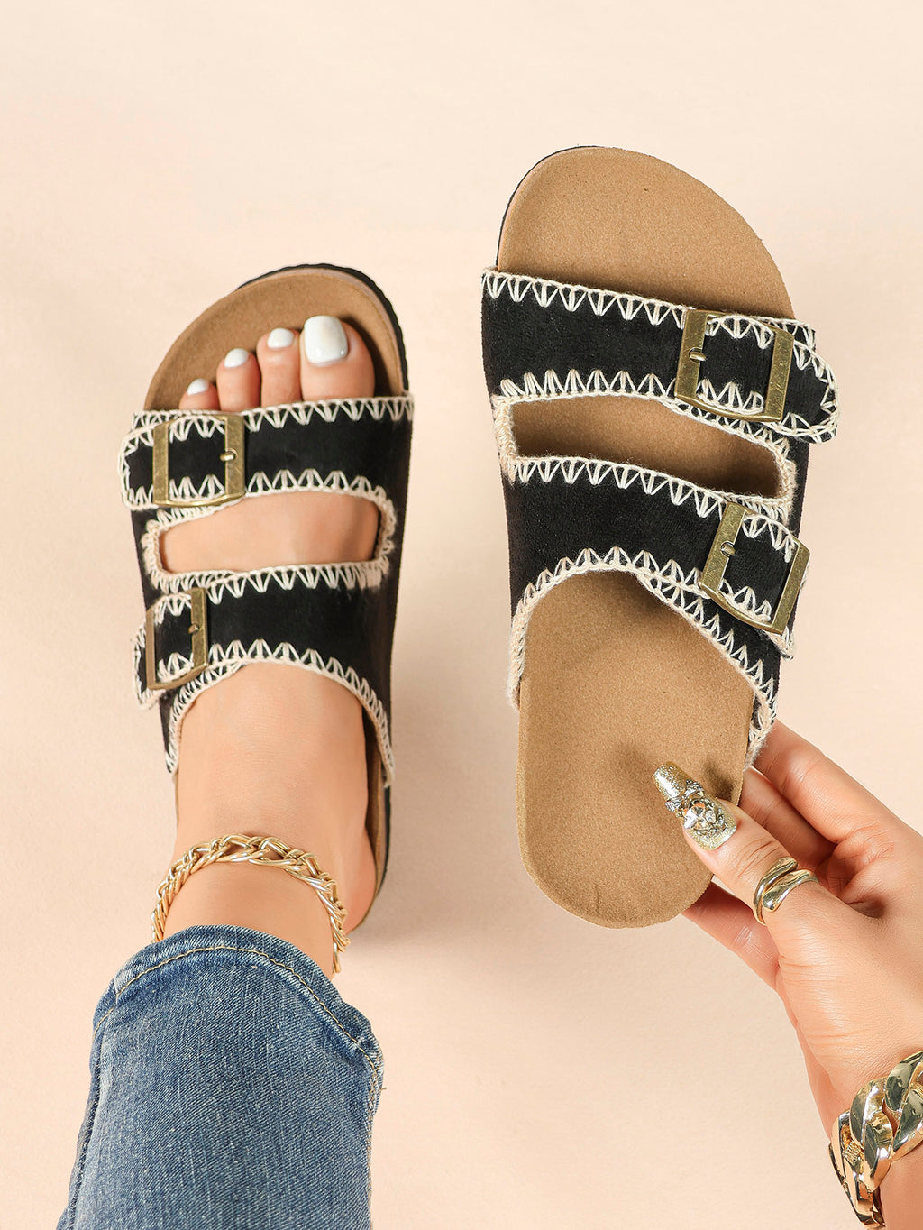 Taupe Suede Slides with Contrast Whipstitch Trim and Gold-Tone Buckles