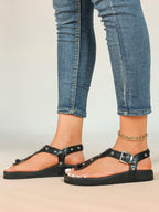 Black Leather T-Strap Sandals with Silver Stud Details and Ankle Buckle