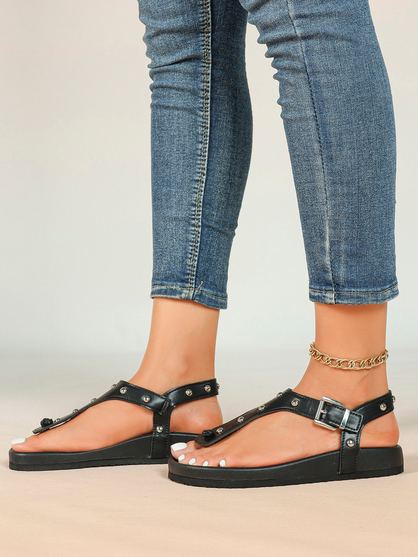 Black Leather T-Strap Sandals with Silver Stud Details and Ankle Buckle