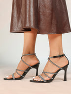 Night Sparkle: Black Patent Crystal Strap Sandals for Unforgettable Evening Glamour
