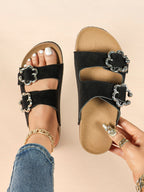 Black Suede Double-Buckle Slides with Silver-Tone Floral Hardware