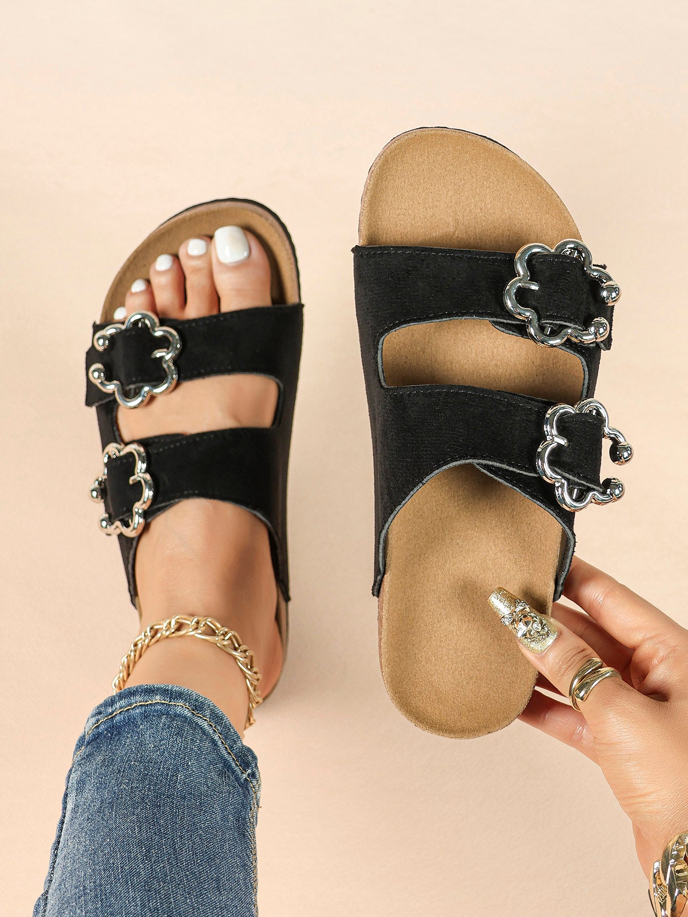 Black Suede Double-Buckle Slides with Silver-Tone Floral Hardware
