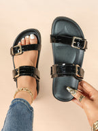 Black Patent Croc-Embossed Double Buckle Slide Sandals