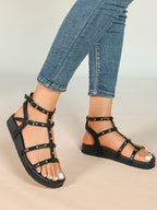 Black Strappy Gladiator Sandals with Secure Dual Buckle Fit and Soft Footbed
