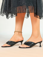 Black Faux Leather Ruched Twist Thong Mule Sandals Kitten Heels Slip-On with Soft Insole