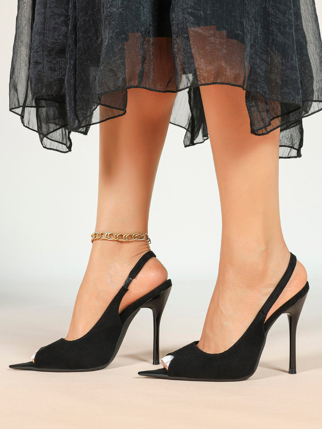 Women's Black Suede Pointed Peep-Toe Slingback Stilettos High Heels with Soft Insole