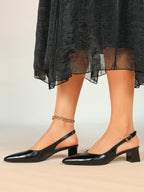 Black Patent Pointed-Toe Slingback Heels with Low Block Heel