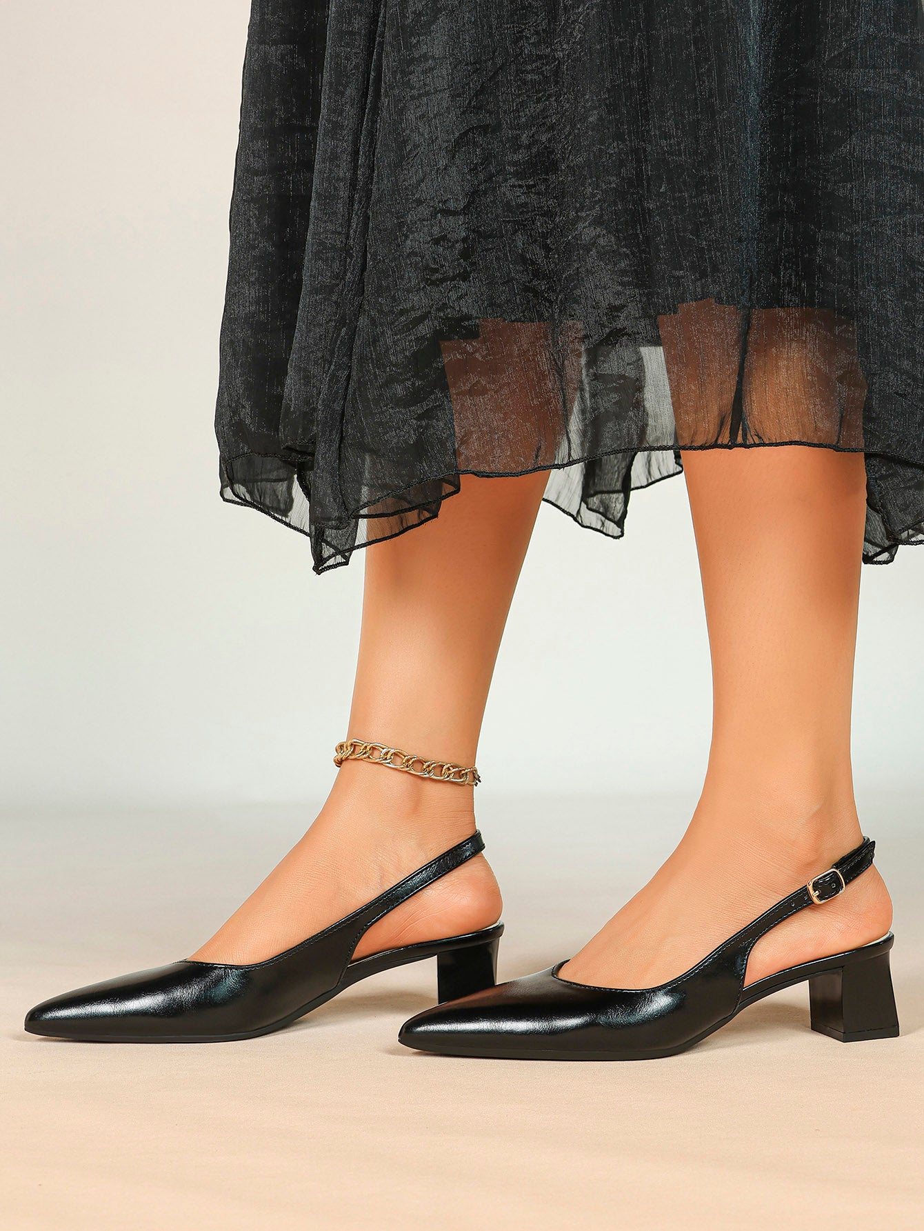 Black Patent Pointed-Toe Slingback Heels with Low Block Heel